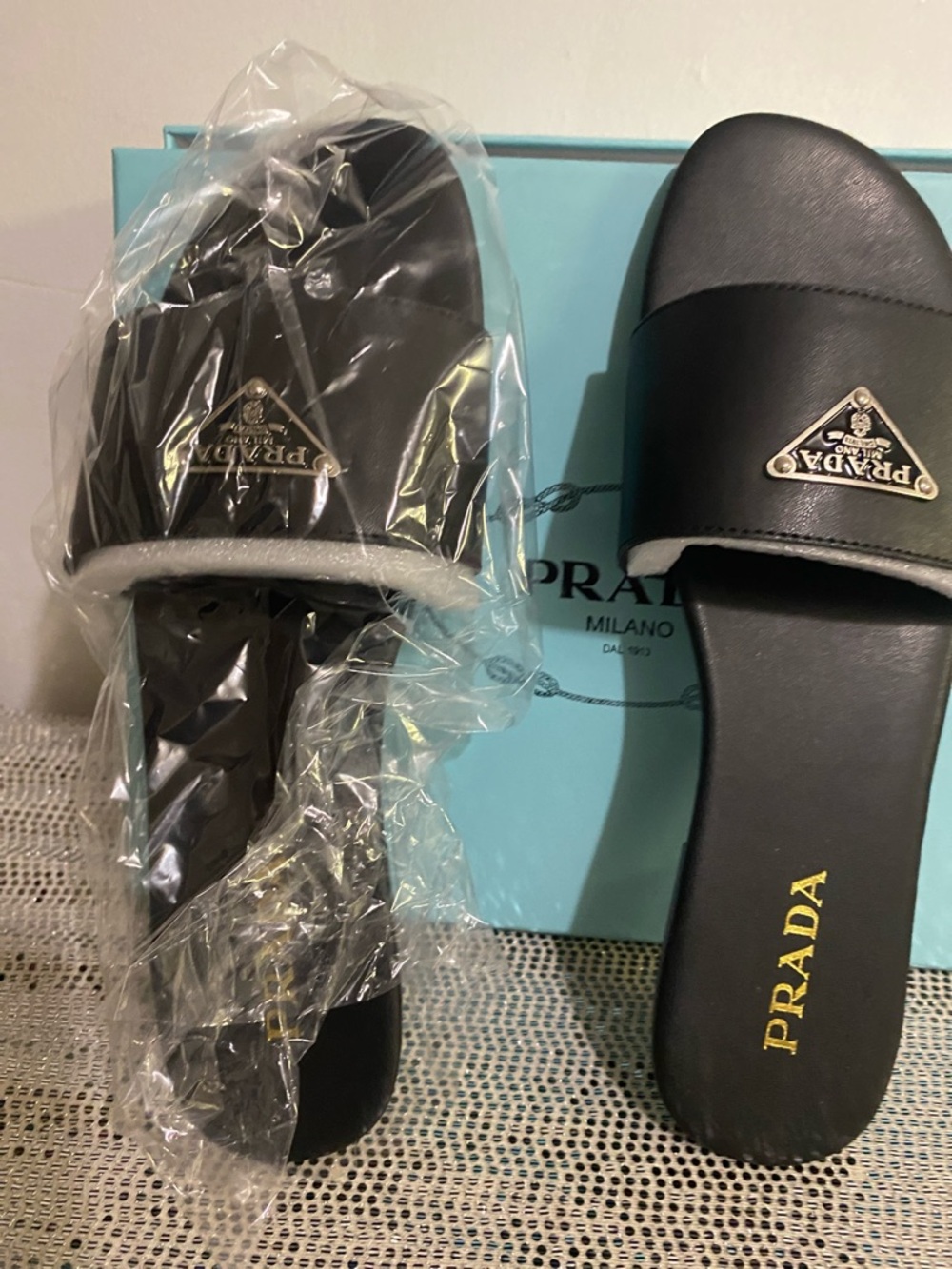 Prada Black Leather Logo Slide Sandals with Gold Emblem - Picture 3 of 11